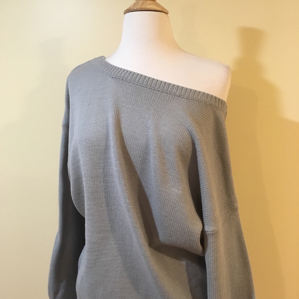 Open Bow Tie Back Chunky Knit Slouchy Sweater Grey - Picture 8 of 8